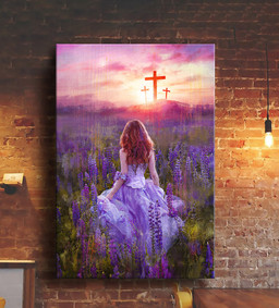 Beautiful Girl In The Lavender Field Cross Jesus Portrait Matte Gallery Canvas Painting, Canvas Hanging Gift Idea Framed Prints, Canvas Paintings Framed Matte Canvas 8x10