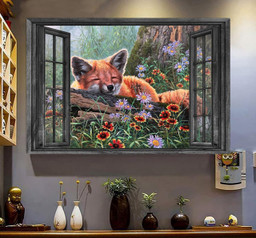 Fox 3D Window View Canvas Painting Art Wild Animals Fox Flowers Gift Idea Easter Framed Prints, Canvas Paintings Framed Matte Canvas 8x10