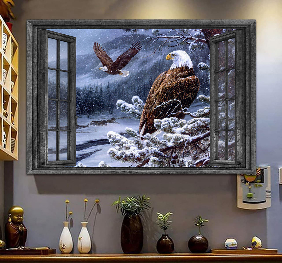 Eagle Winter 3D Window View Canvas Painting Art Wild Animals Gift Idea Birthday Framed Prints, Canvas Paintings Wrapped Canvas 8x10