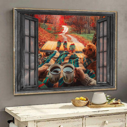 Camping 3D Window View Wall Arts Painting Prints Girl Coffee Golden Retriever Maple Forest Ha0535-Tnt Framed Prints, Canvas Paintings Wrapped Canvas 8x10