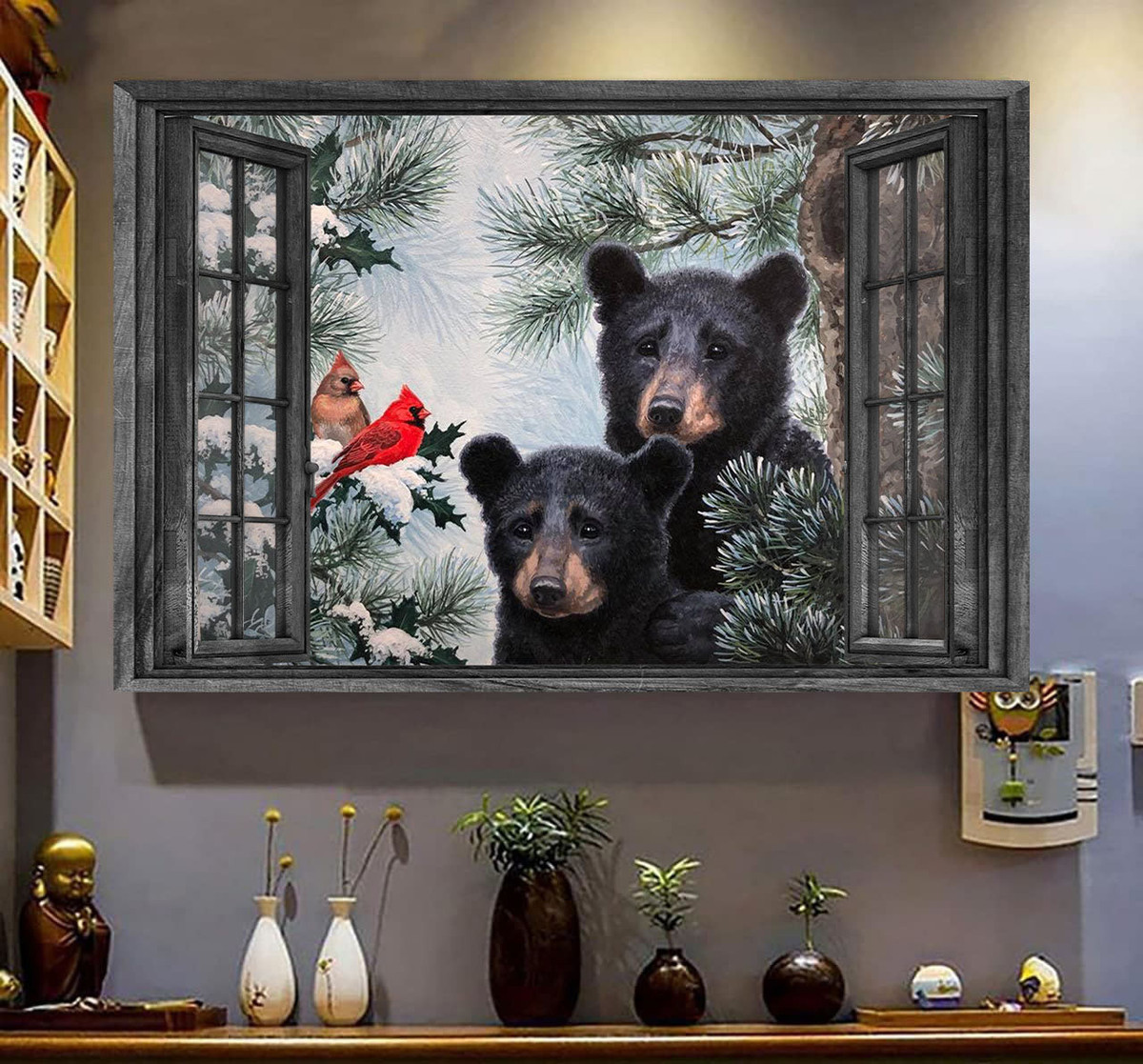 Bear 3D Window View Canvas Painting Art 3D Window View Wild Animals Lover Bear Couple Christmas Framed Prints, Canvas Paintings Wrapped Canvas 8x10