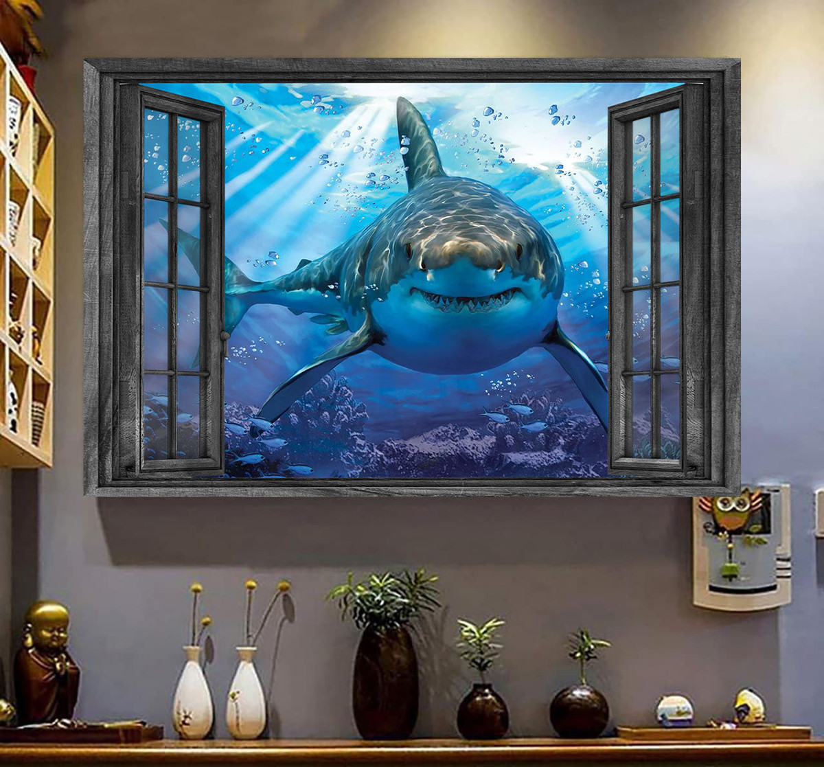 Sharks 3D Window View Canvas Painting Art Sea Animals Gift Idea Easter Framed Prints, Canvas Paintings Wrapped Canvas 8x10