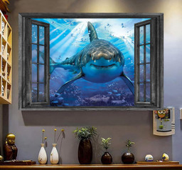 Sharks 3D Window View Canvas Painting Art Sea Animals Gift Idea Easter Framed Prints, Canvas Paintings Framed Matte Canvas 8x10