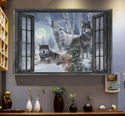 Wolf 3D Window View Canvas Painting Art Wild Animals Lupine In The Moon Gift Idea Easter Framed Prints, Canvas Paintings Framed Matte Canvas 8x10