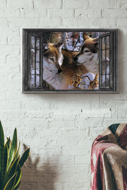 Vintage 3D Window View Gift Idea Couple Wolf In The Snow Forest Decor Framed Prints, Canvas Paintings Framed Matte Canvas 16x24