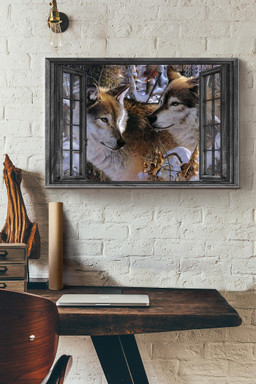 Vintage 3D Window View Gift Idea Couple Wolf In The Snow Forest Decor Framed Prints, Canvas Paintings Framed Matte Canvas 8x10