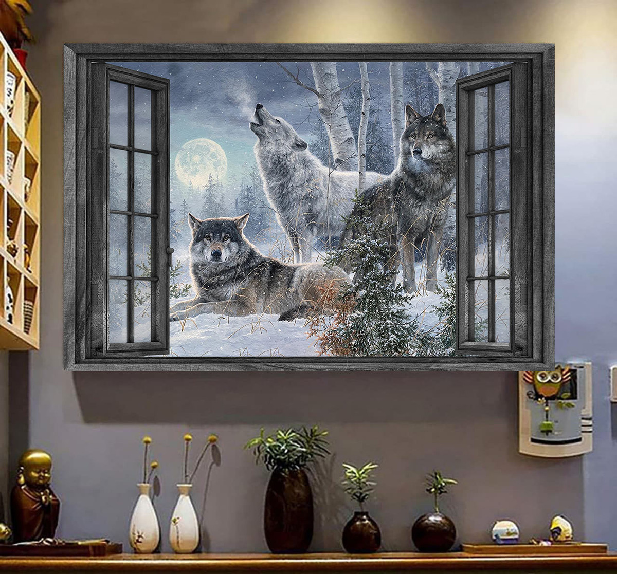 Wolf 3D Window View Canvas Painting Art Wild Animals Lupine In The Moon Gift Idea Easter Framed Prints, Canvas Paintings Wrapped Canvas 8x10