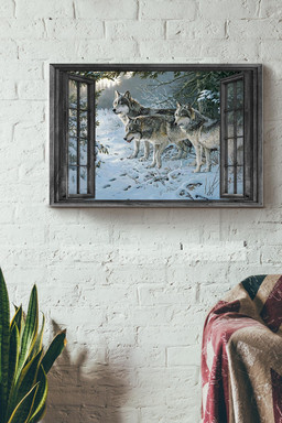 Vintage 3D Window View Gift Idea Wolf In The Snow Forest Decor Framed Prints, Canvas Paintings Framed Matte Canvas 16x24