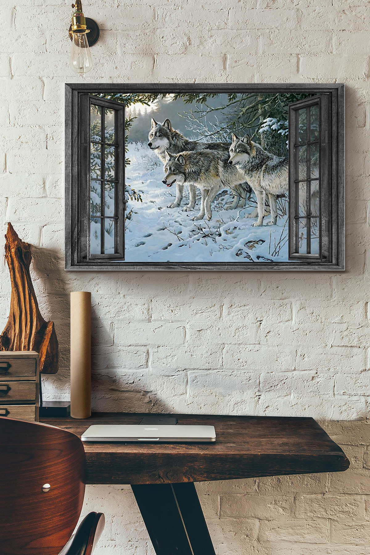 Vintage 3D Window View Gift Idea Wolf In The Snow Forest Decor Framed Prints, Canvas Paintings Wrapped Canvas 8x10