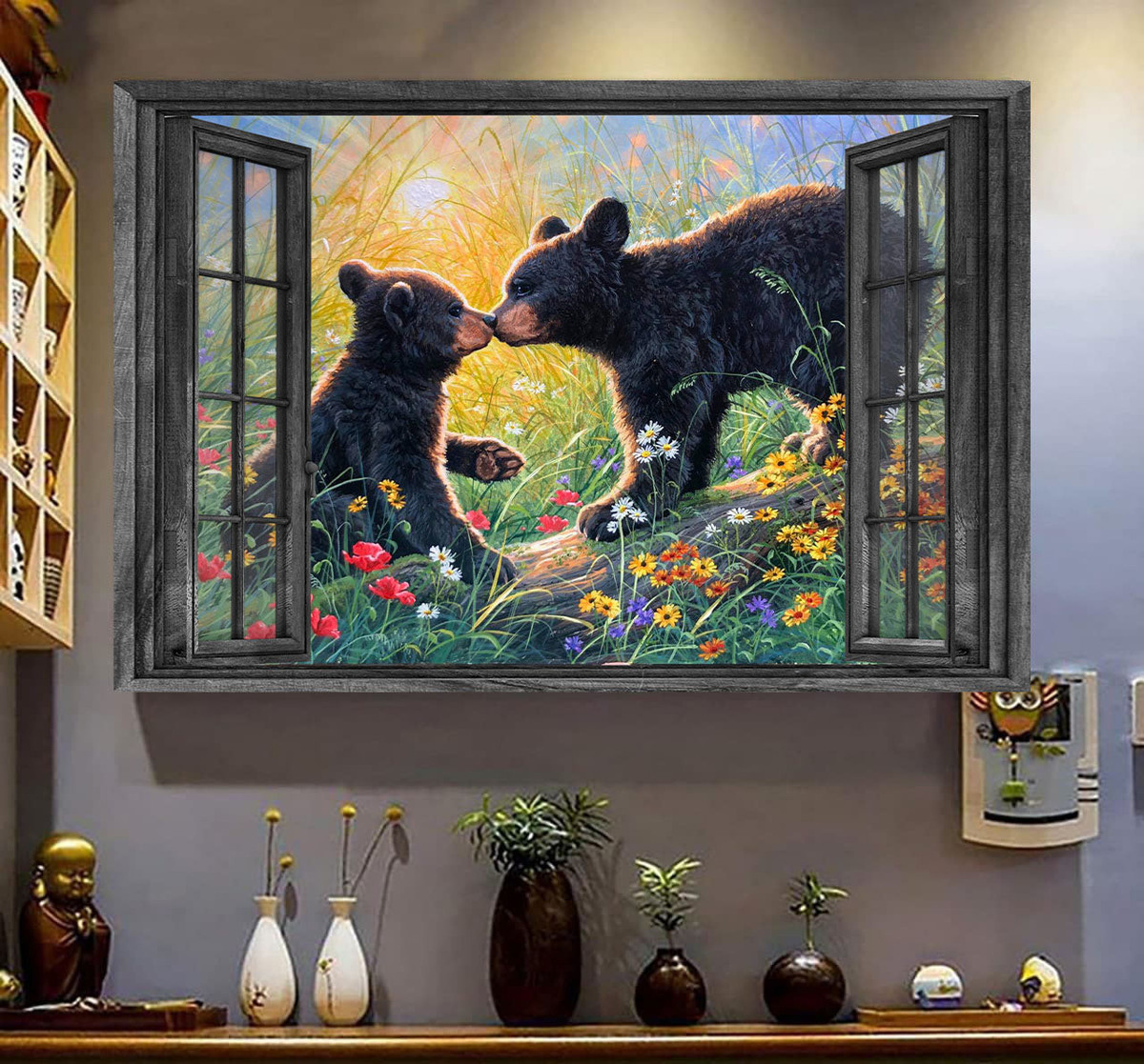 Bear 3D Window View Canvas Painting Art 3D Window View Wild Animals Lover Black Bear Framed Prints, Canvas Paintings Wrapped Canvas 8x10