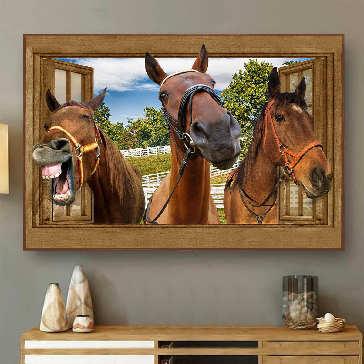 Funny Horse 3D Window View Opend Window Gift Racing Riding Lover Framed Prints, Canvas Paintings Wrapped Canvas 8x10