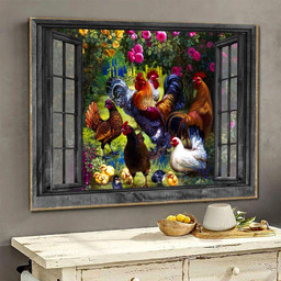 Chicken Scenery 3D Window View Canvas Painting Rose Garden Gift Idea Gift Birthday Father Day Framed Prints, Canvas Paintings Framed Matte Canvas 8x10