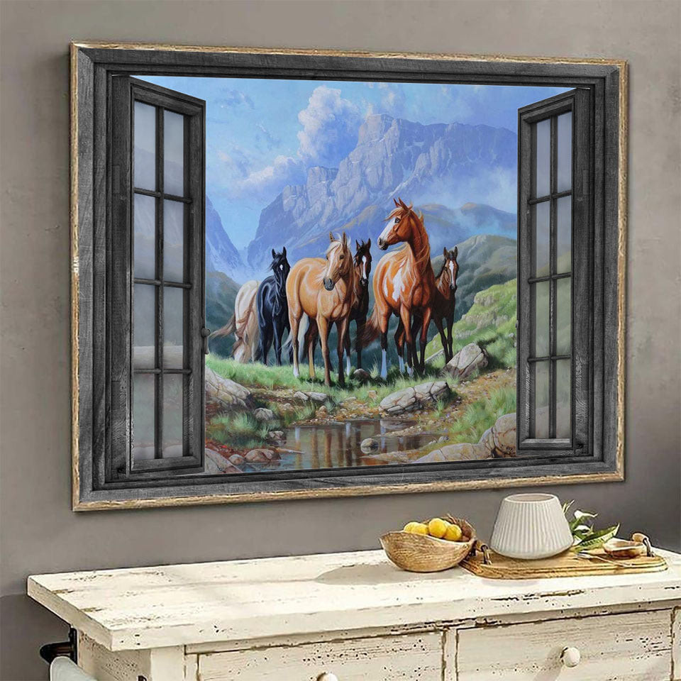 Horse Painting 3D Window View Gift Decor Horses Mountains Ha0549-Tnt Framed Prints, Canvas Paintings Wrapped Canvas 8x10