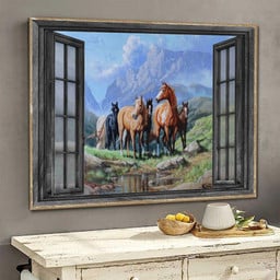 Horse Painting 3D Window View Gift Decor Horses Mountains Ha0549-Tnt Framed Prints, Canvas Paintings Framed Matte Canvas 8x10