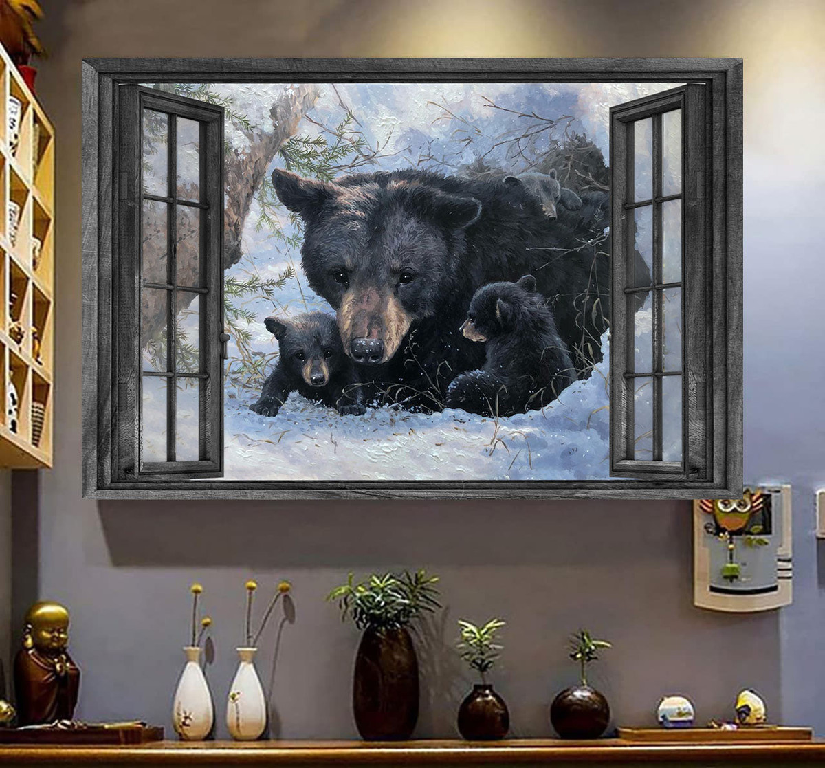 Bear 3D Window View Canvas Painting Art 3D Window View Wild Animals Lover Bear Winter Framed Prints, Canvas Paintings Wrapped Canvas 8x10