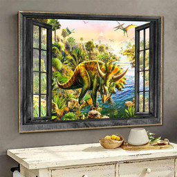 Dinosaur Canvas Painting Art 3D Window View Jurassic Park Gift Idea Birthday Framed Prints, Canvas Paintings Framed Matte Canvas 8x10