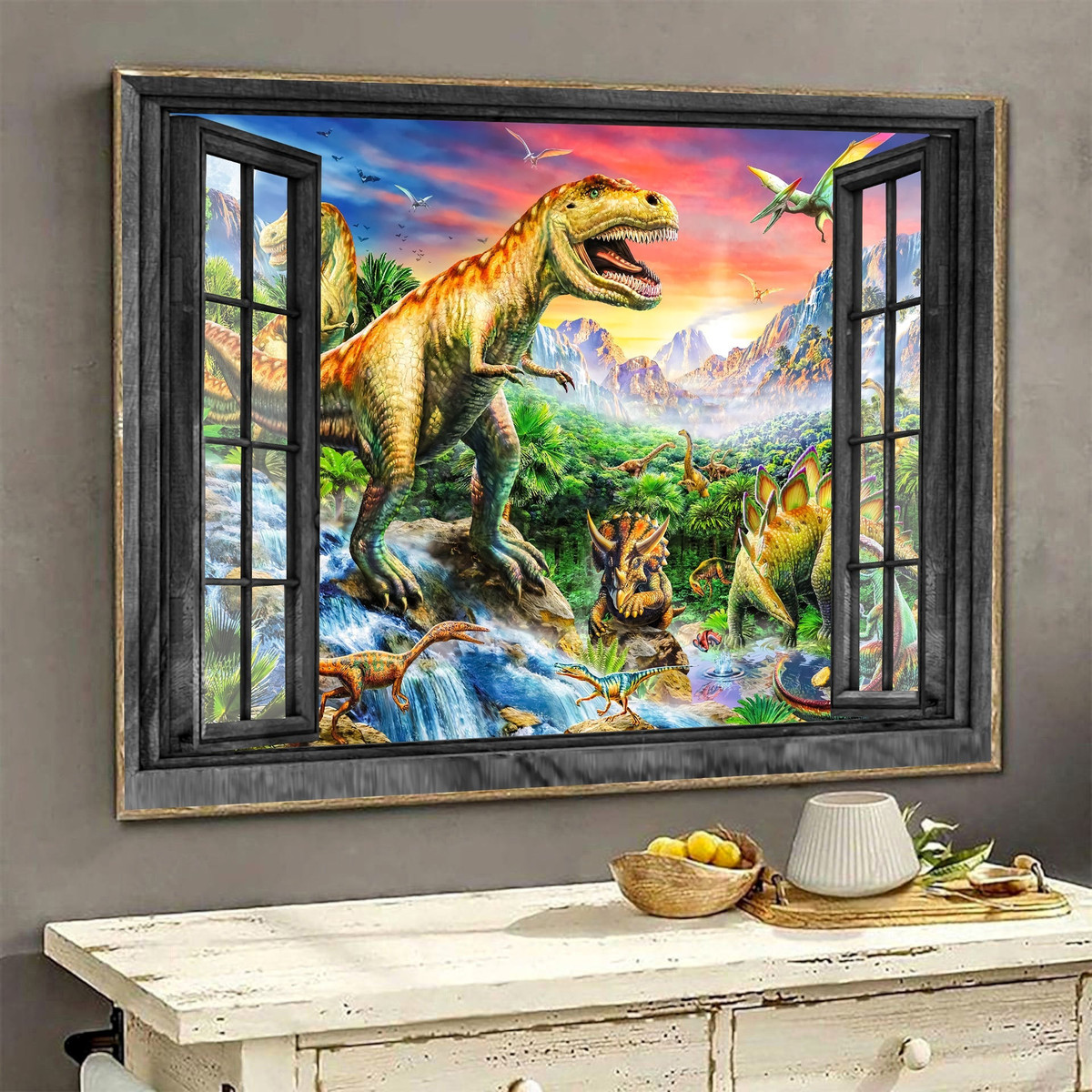 Dinosaur 3D Window View Canvas Painting Art Jurassic Park Gift Idea Birthday Framed Prints, Canvas Paintings Wrapped Canvas 8x10