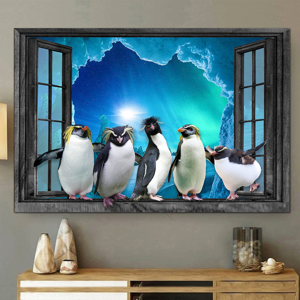 Funny Penguins Ice 3D Window View Canvas Painting Art 3D Window View Animals Lover Gift Idea Framed Prints, Canvas Paintings Wrapped Canvas 8x10