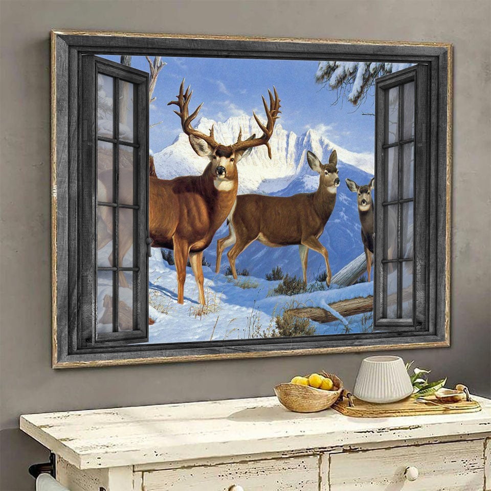 Deer 3D Window View Housewarming Gift Decor Winter Hunting Lover Da0352-Tnt Framed Prints, Canvas Paintings Wrapped Canvas 8x10