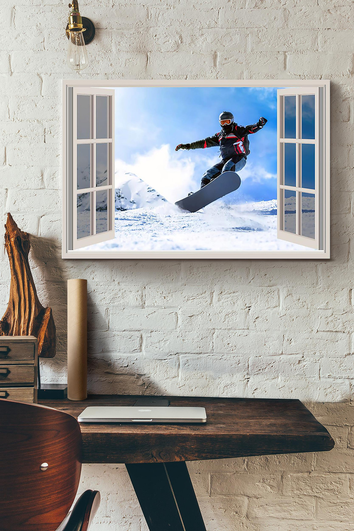 Skiing Vintage 3D Window View Gift Idea Decor Framed Prints, Canvas Paintings Wrapped Canvas 8x10