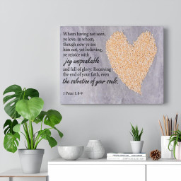Scripture Canvas The Salvation of Your Souls 1 Peter 1:8-9 Christian Bible Verse Meaningful Framed Prints, Canvas Paintings Framed Matte Canvas 32x48