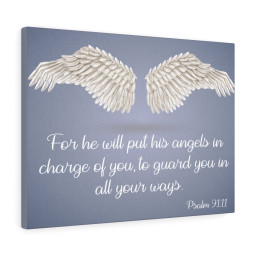 Bible Verse Canvas God's Angels Psalm 91:11 Christian Wall Art Scripture Ready to Hang Faith Print Framed Prints, Canvas Paintings Framed Matte Canvas 12x16