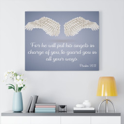 Bible Verse Canvas God's Angels Psalm 91:11 Christian Wall Art Scripture Ready to Hang Faith Print Framed Prints, Canvas Paintings Framed Matte Canvas 16x24