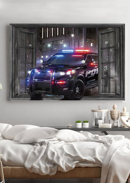 Police Wee Woo Car Vintage 3D Window View Gift Idea Drawing Wall Art Gift For Policeman Veteran Soldier Framed Prints, Canvas Paintings Framed Matte Canvas 12x16