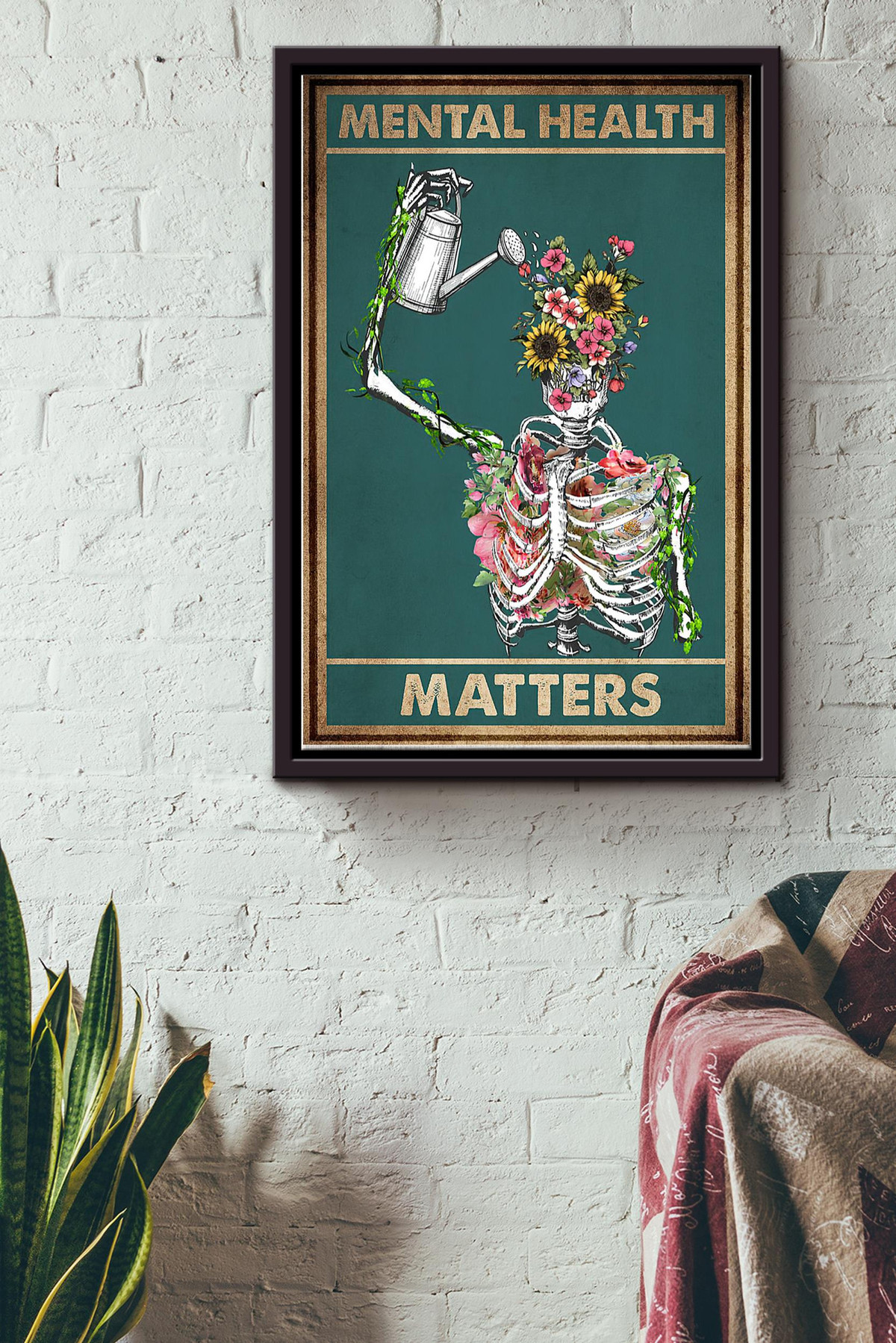 Mental Health Matters Skeleton Flowers Retro Vintage Canvas Framed Matte Canvas Framed Matte Canvas 8x10