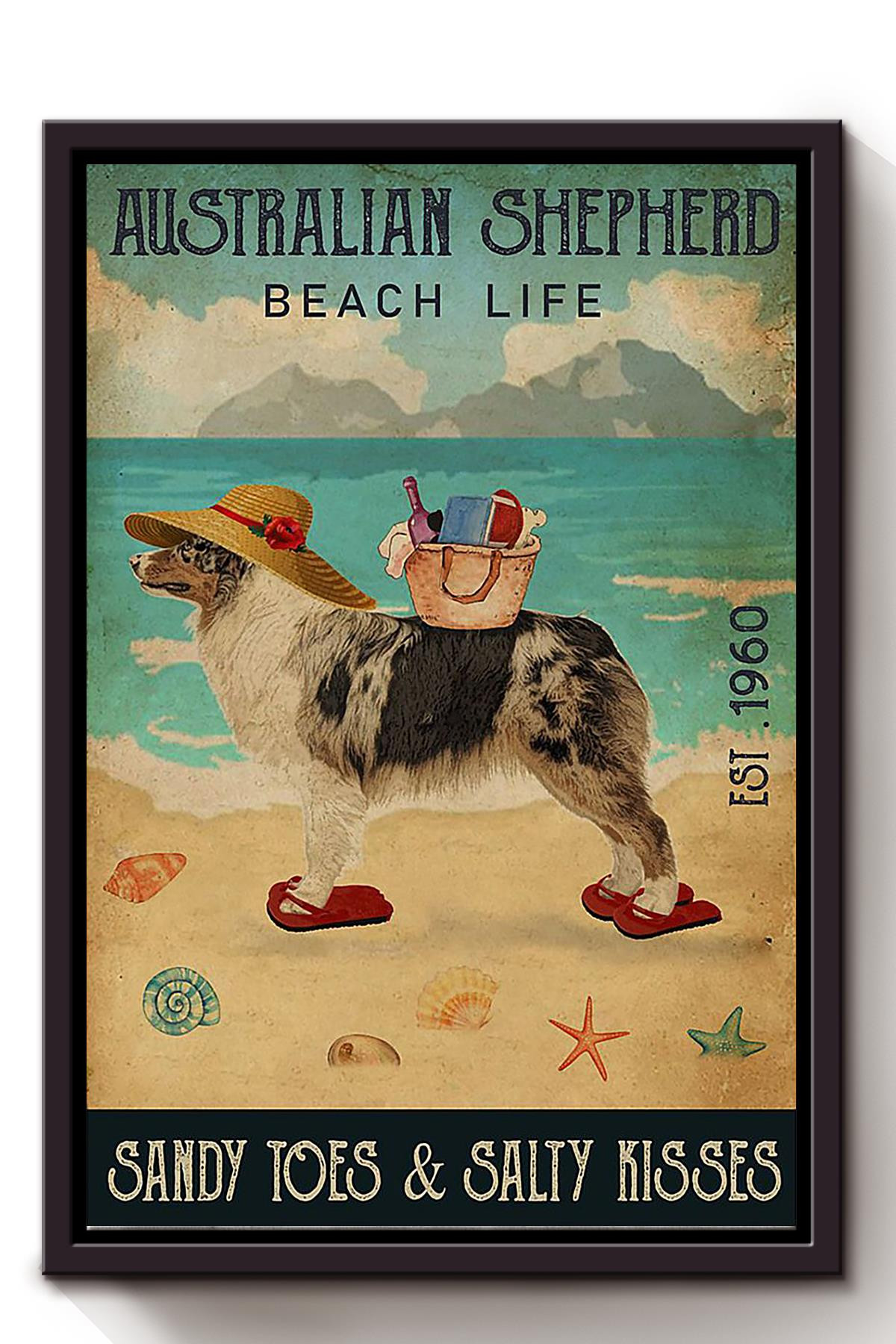 Australian Shepherd Beach Life Sandy Toes Salty Kisses For Dog Lover Beach House Decor Framed Matte Canvas Framed Prints, Canvas Paintings Framed Matte Canvas 8x10