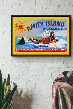 Jaws Movie Amity Island Welcomes You 50th Annual Regatta July 4th 10th For Fan Canvas Framed Matte Canvas Framed Matte Canvas 12x16