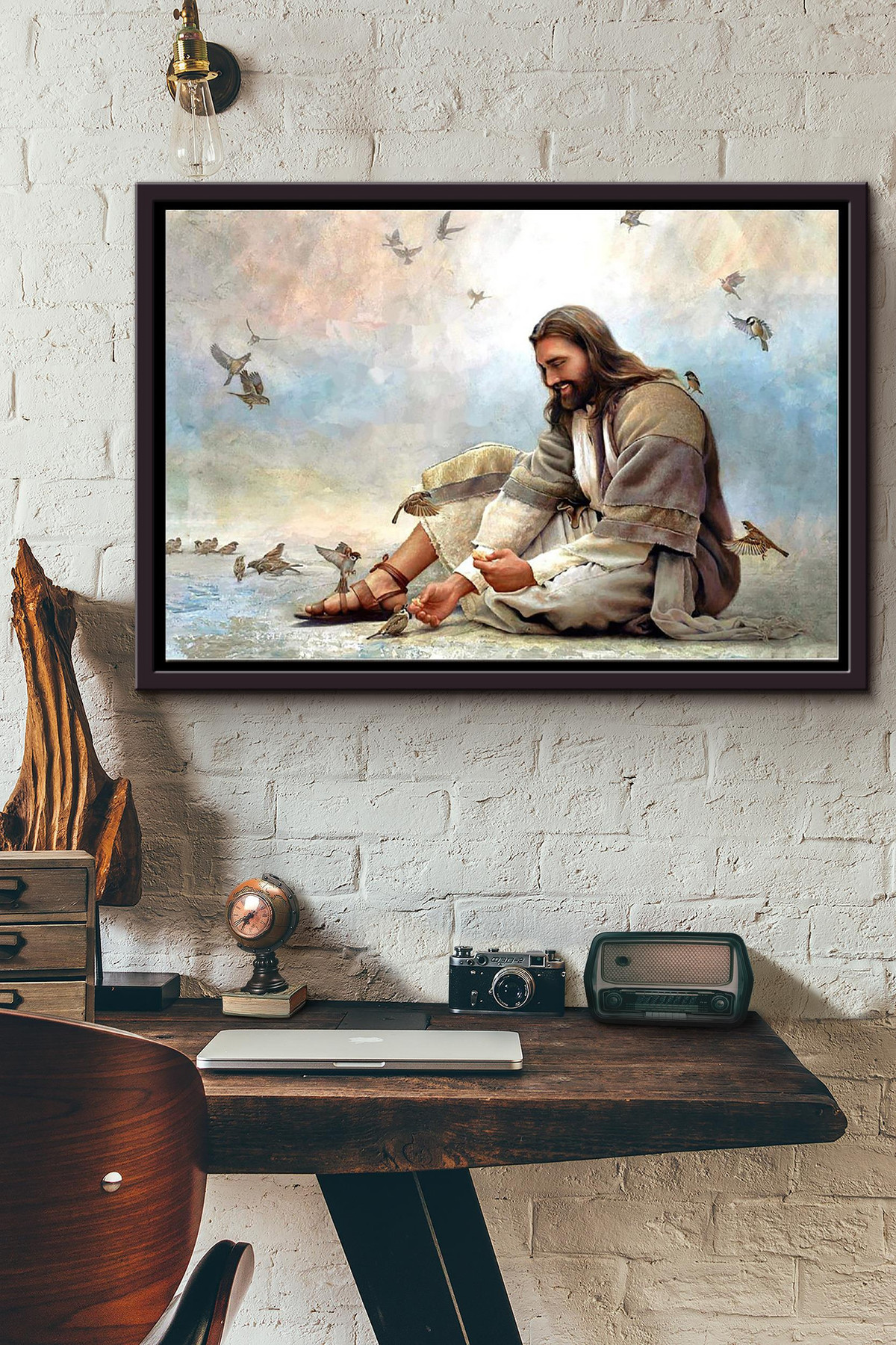 Jesus Sit On The Beach Feeding Sparrow Canvas n Framed Matte Canvas Framed Matte Canvas 8x10