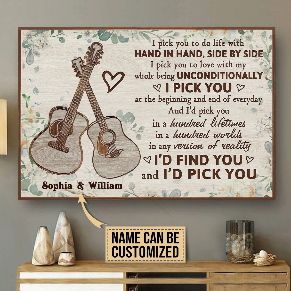 Personalized Canvas Painting Frames Acoustic Guitar Floral I Pick You Framed Prints, Canvas Paintings Wrapped Canvas 8x10
