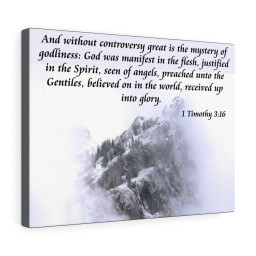 Bible Verse Canvas Mystery of Godliness 1 Timothy 3:16 Christian Scripture Ready to Hang Faith Print Framed Prints, Canvas Paintings Framed Matte Canvas 16x24