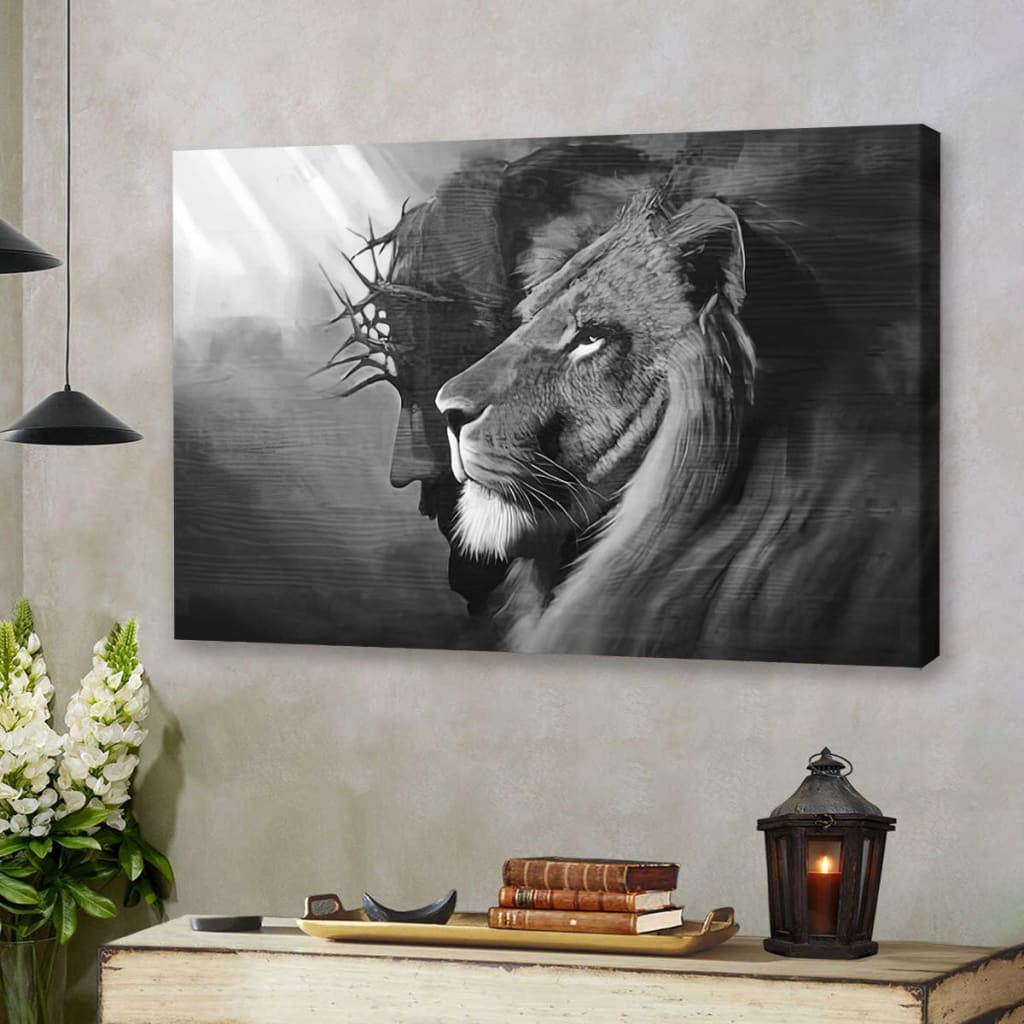 Jesus And Lion Canvas, The Lion Of Judah Jesus Lion Canvas Hanging Gift, Canvas Paiting Frames Print (Black) Wrapped Canvas 8x10