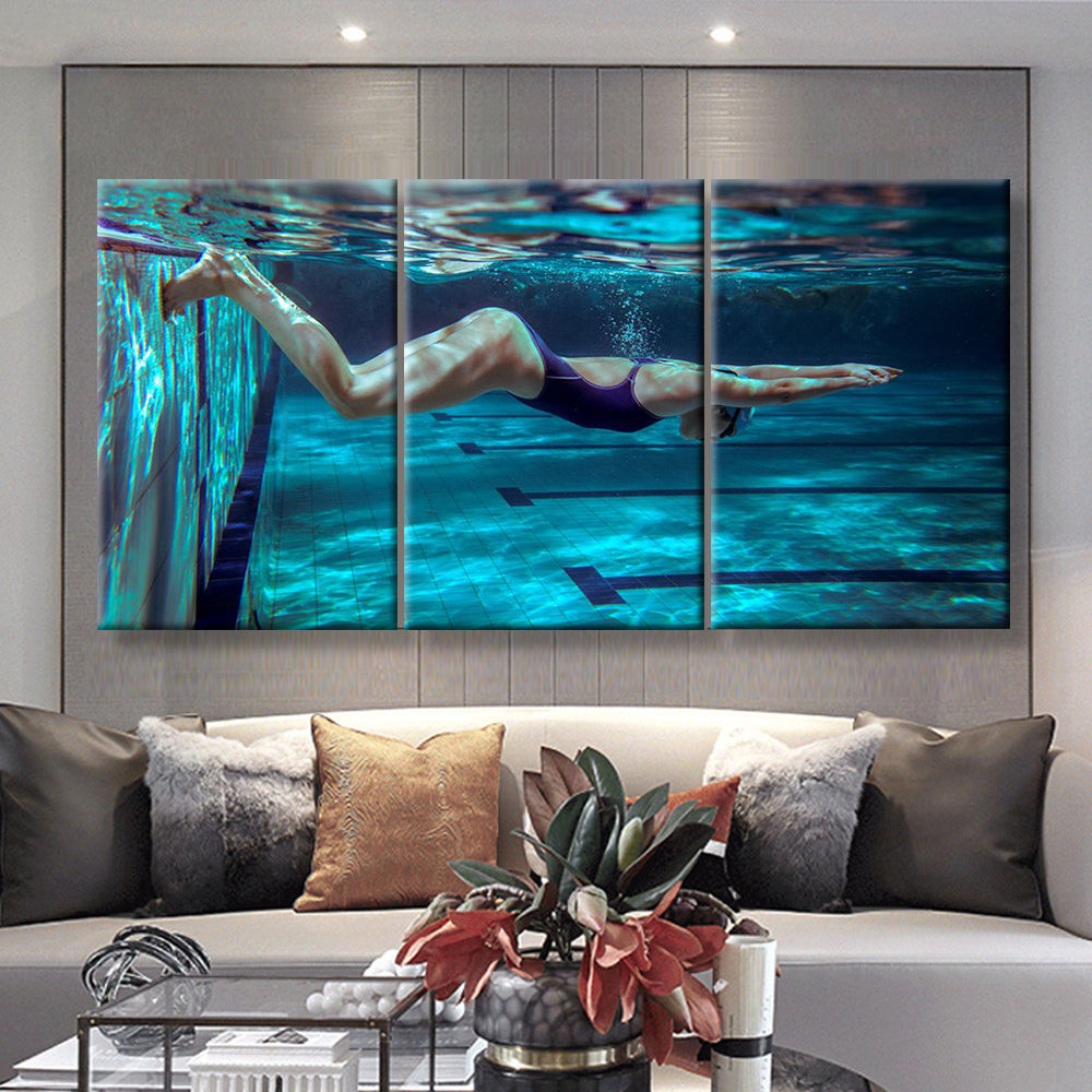 Underwater Female Swimmer In Swimming Pool Sports And Recreation, Multi Canvas Painting Ideas, Multi Piece Panel Canvas Housewarming Gift Ideas Canvas Canvas Gallery Painting Framed Prints, Canvas Paintings Multi Panel Canvas 3PIECE(36 x18)