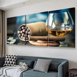 Cigars And Glass Wine And Cigar, Multi Canvas Painting Ideas, Multi Piece Panel Canvas Housewarming Gift Ideas Canvas Canvas Gallery Painting Framed Prints, Canvas Paintings Multi Panel Canvas 3PIECE(48x24)