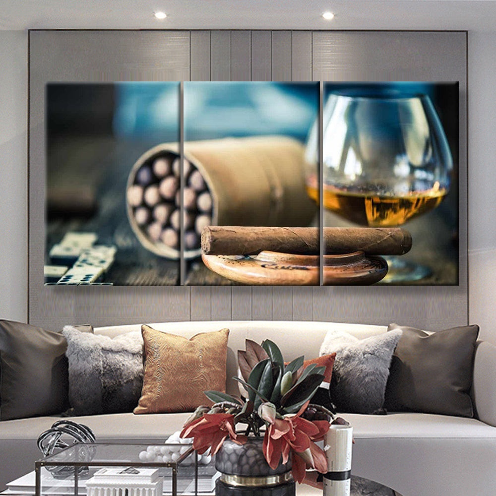 Cigars And Glass Wine And Cigar, Multi Canvas Painting Ideas, Multi Piece Panel Canvas Housewarming Gift Ideas Canvas Canvas Gallery Painting Framed Prints, Canvas Paintings Multi Panel Canvas 3PIECE(36 x18)