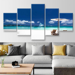 Sun Umbrellas And Wooden Beds On Tropical Beach Caribbean Vacation 2 Nature, Multi Canvas Painting Ideas, Multi Piece Panel Canvas Housewarming Gift Ideas Canvas Canvas Gallery Painting Framed Prints, Canvas Paintings Multi Panel Canvas 5PIECE(Mixed 12)