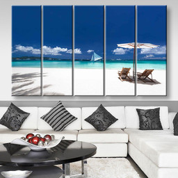 Sun Umbrellas And Wooden Beds On Tropical Beach Caribbean Vacation 2 Nature, Multi Canvas Painting Ideas, Multi Piece Panel Canvas Housewarming Gift Ideas Canvas Canvas Gallery Painting Framed Prints, Canvas Paintings Multi Panel Canvas 5PIECE(80x48)