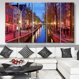 Amsterdam Red Light District Area In The City Centre At Dusk North Holland The Netherlands 2 Landscape, Multi Canvas Painting Ideas, Multi Piece Panel Canvas Housewarming Gift Ideas Canvas Canvas Gallery Painting Multi Panel Canvas 5PIECE(80x48)