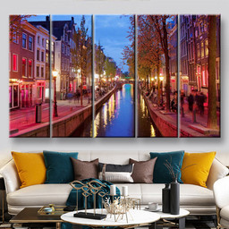 Amsterdam Red Light District Area In The City Centre At Dusk North Holland The Netherlands 2 Landscape, Multi Canvas Painting Ideas, Multi Piece Panel Canvas Housewarming Gift Ideas Canvas Canvas Gallery Painting Multi Panel Canvas 5PIECE(60x36)