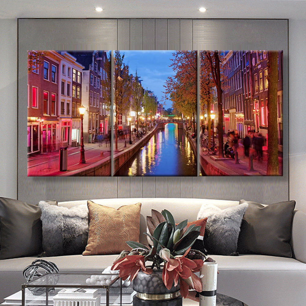 Amsterdam Red Light District Area In The City Centre At Dusk North Holland The Netherlands 2 Landscape, Multi Canvas Painting Ideas, Multi Piece Panel Canvas Housewarming Gift Ideas Canvas Canvas Gallery Painting Multi Panel Canvas 3PIECE(36 x18)