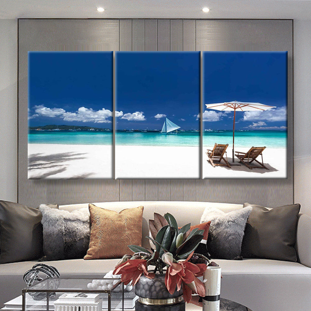 Sun Umbrellas And Wooden Beds On Tropical Beach Caribbean Vacation 2 Nature, Multi Canvas Painting Ideas, Multi Piece Panel Canvas Housewarming Gift Ideas Canvas Canvas Gallery Painting Framed Prints, Canvas Paintings Multi Panel Canvas 3PIECE(36 x18)