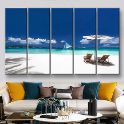 Sun Umbrellas And Wooden Beds On Tropical Beach Caribbean Vacation 2 Nature, Multi Canvas Painting Ideas, Multi Piece Panel Canvas Housewarming Gift Ideas Canvas Canvas Gallery Painting Framed Prints, Canvas Paintings Multi Panel Canvas 5PIECE(60x36)