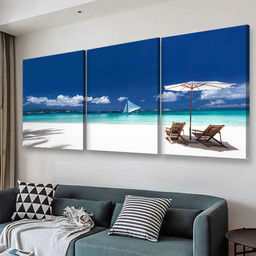 Sun Umbrellas And Wooden Beds On Tropical Beach Caribbean Vacation 2 Nature, Multi Canvas Painting Ideas, Multi Piece Panel Canvas Housewarming Gift Ideas Canvas Canvas Gallery Painting Framed Prints, Canvas Paintings Multi Panel Canvas 3PIECE(48x24)