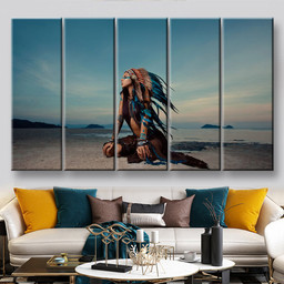 Indian Woman Outdoors At Sunset Native American Style Background With Free Text Space Abstrast, Multi Canvas Painting Ideas, Multi Piece Panel Canvas Housewarming Gift Ideas Canvas Canvas Gallery Painting Multi Panel Canvas 5PIECE(60x36)