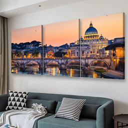 Night View Of The Basilica St Peter Rome Italy Landscape, Multi Canvas Painting Ideas, Multi Piece Panel Canvas Housewarming Gift Ideas Canvas Canvas Gallery Painting Framed Prints, Canvas Paintings Multi Panel Canvas 3PIECE(48x24)