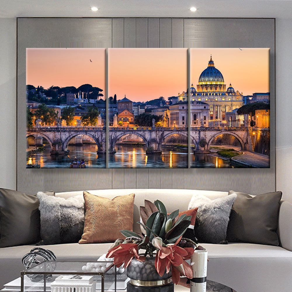 Night View Of The Basilica St Peter Rome Italy Landscape, Multi Canvas Painting Ideas, Multi Piece Panel Canvas Housewarming Gift Ideas Canvas Canvas Gallery Painting Framed Prints, Canvas Paintings Multi Panel Canvas 3PIECE(36 x18)