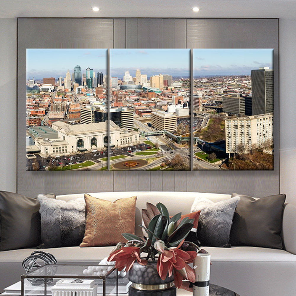 A Large Panoramic View Of Kansas City Missouri During The Daytime 2 Landscape, Multi Canvas Painting Ideas, Multi Piece Panel Canvas Housewarming Gift Ideas Canvas Canvas Gallery Painting Framed Prints, Canvas Paintings Multi Panel Canvas 3PIECE(36 x18)